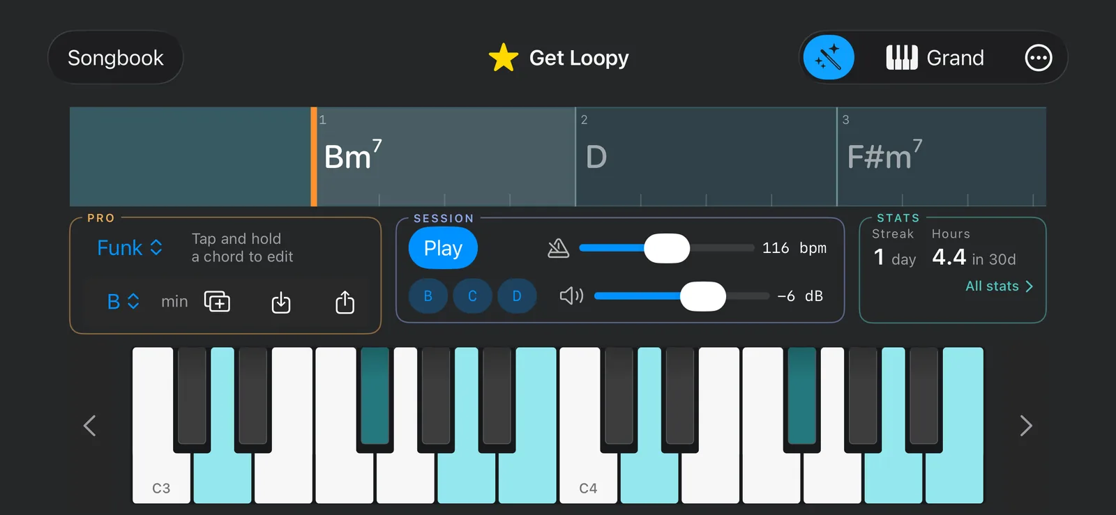 The ChartKeys play screen: a chords lane showing Bm7, D and F#m7, session controls with tempo and volume, and an onscreen piano keyboard with the chord notes highlighted.